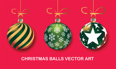 Realistic Christmas Balls isolated in red background.