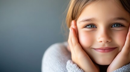 Young girl with a charming smile resting her face in her hands and looking directly at the camera