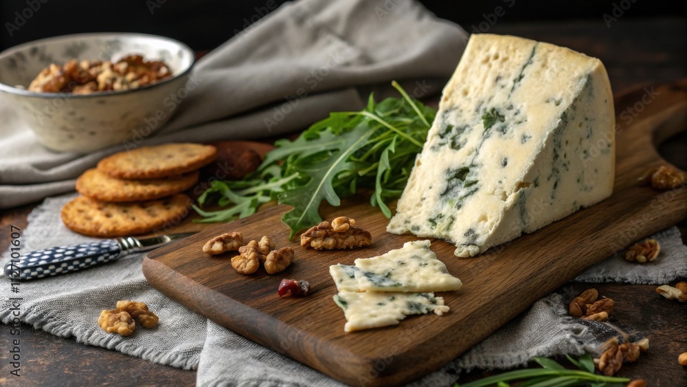 Poster A rustic wooden board features a selection of artisanal cheese, walnuts, and fresh arugula, creating a visually appealing and texturally diverse culinary arrangement.
