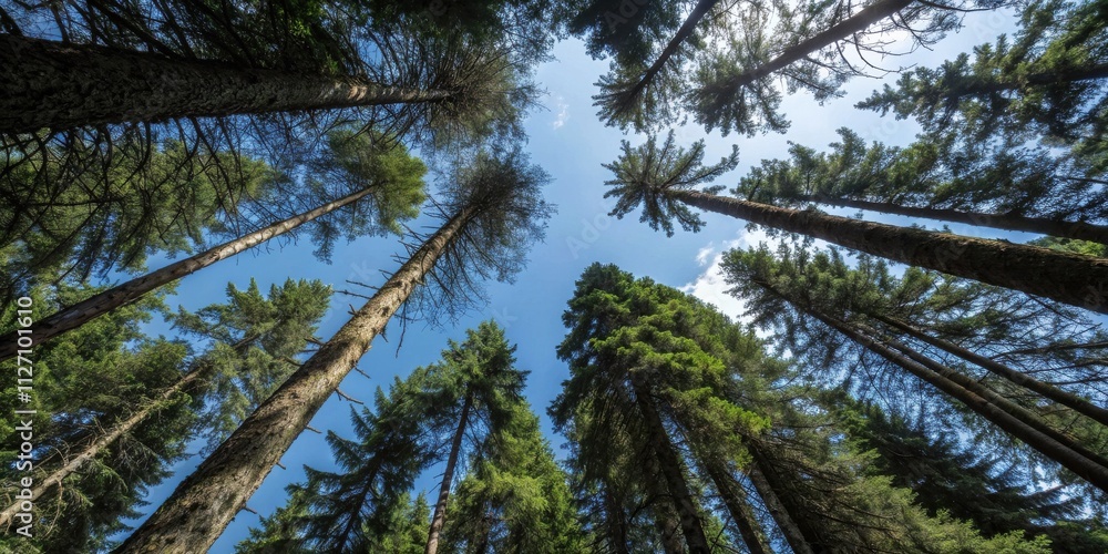 Poster a view looking up at the tall trunks of a variety of evergreen trees, reaching for a bright, blue sk