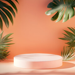 Empty product podium in summer style with tropical leaves and plants for product presentation, Design template for mockup, 3d rendering illustration