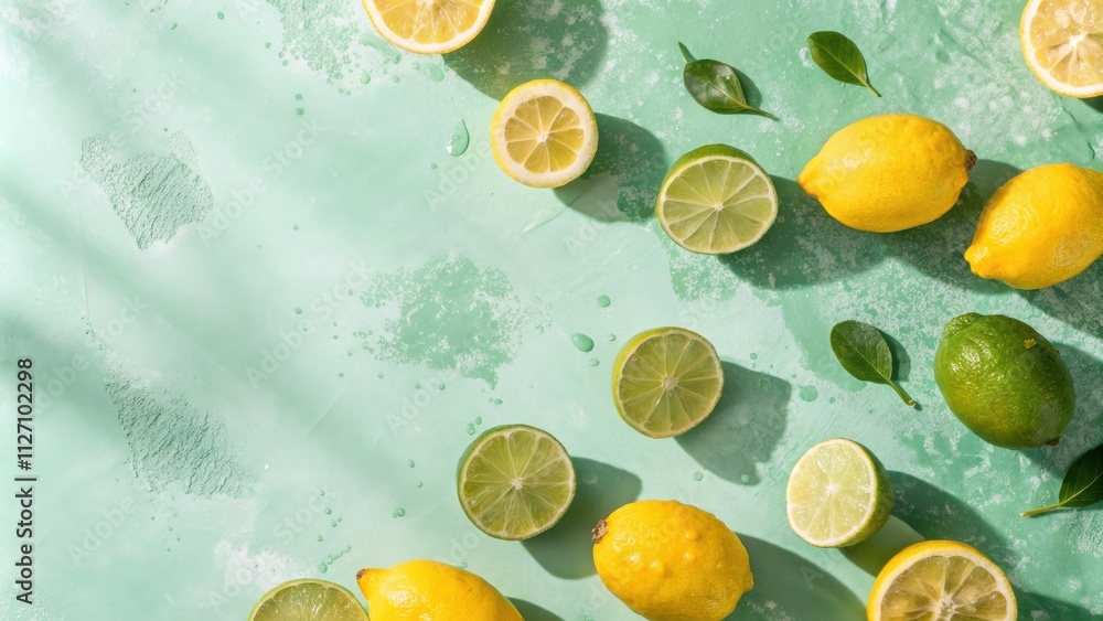 Poster A refreshing summer arrangement of lemons and limes on a green background with light and shadows creating a vibrant still life.