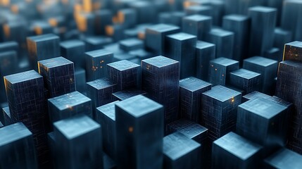 Obraz premium Abstract 3D rendering of a cityscape of dark blue cubes with glowing orange accents.