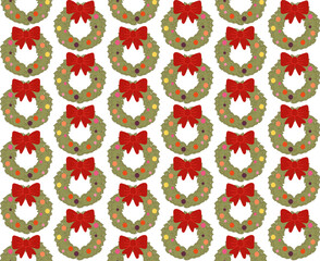 Seamless festive pattern featuring colorful holiday wreaths adorned with red bows, perfect for Christmas-themed designs, textiles, and decorations.