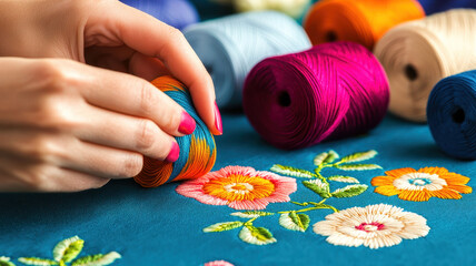 A close-up of hands selecting colorful embroidery threads over a embroidered fabric, Seamstress stitching vibrant fabric, with each thread representing effort and passion. - Powered by Adobe