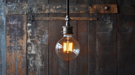 Vintage Light Bulb Hanging from Industrial Black Fixture in Barn Wood