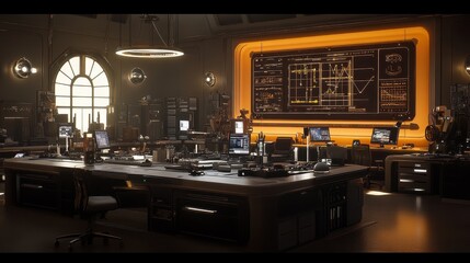 Futuristic Industrial Lab Interior with Advanced Technology Display