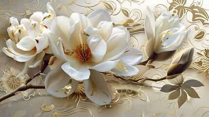 A luxury white magnolia with delicate petals on a foil metallic background, accented with intricate...