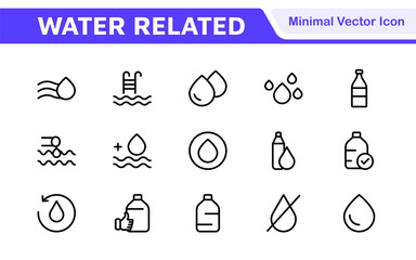 Water Related Icon Set. A refreshing collection of icons showcasing water conservation, aquatic life, and hydration, perfect for water awareness and sustainability.