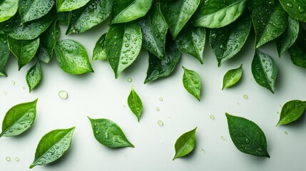 Obraz premium Green Tea Leaves Flying on White Background. Generative AI