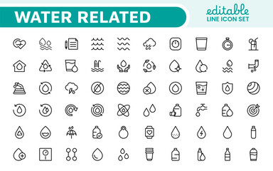 Water Related Icon Set. A refreshing collection of icons showcasing water conservation, aquatic life, and hydration, perfect for water awareness and sustainability.