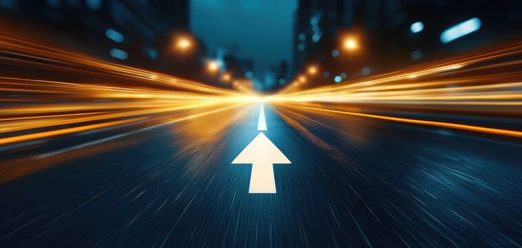 Dynamic motion of light trails on asphalt pavement with arrow direction sign urban environment nighttime viewpoint speed concept for seo impact