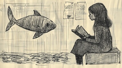 Surreal sketch of girl reading to fish in a dreamlike setting