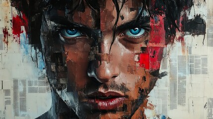 Close-up of a young male artist with striking blue eyes, surrounded by a textured collage of mixed media, conveying intense emotions.