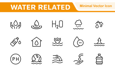Water Related Icon Set. A refreshing collection of icons showcasing water conservation, aquatic life, and hydration, perfect for water awareness and sustainability.