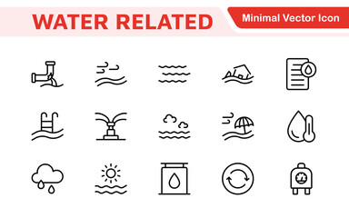 Water Related Icon Set. A refreshing collection of icons showcasing water conservation, aquatic life, and hydration, perfect for water awareness and sustainability.