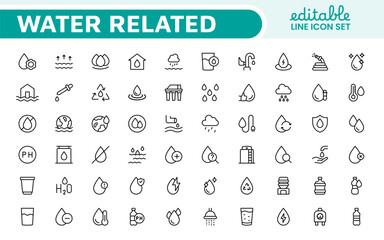 Water Related Icon Set. A refreshing collection of icons showcasing water conservation, aquatic life, and hydration, perfect for water awareness and sustainability.
