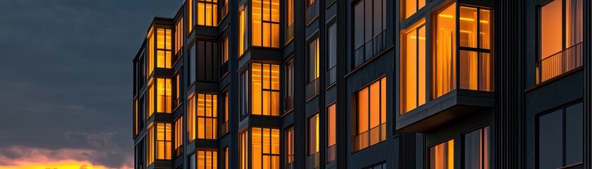 Obraz premium Illuminated Apartment Building at Dramatic Sunset
