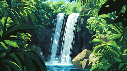 A large waterfall cascades down a lush green cliff face, surrounded by tropical foliage. Cascade. Illustration