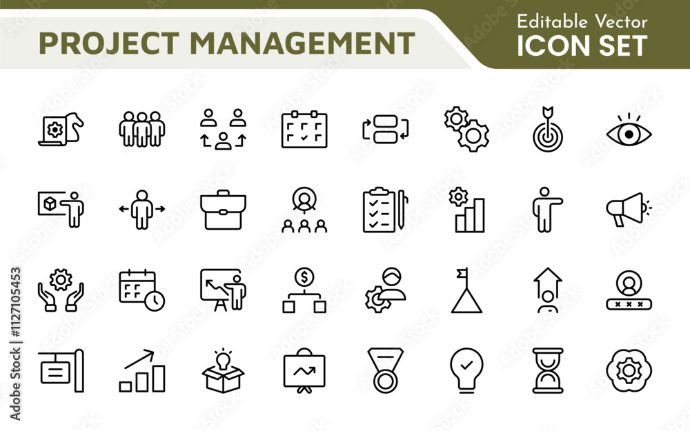 Poster project management web icons in line style. outline icon collection related to schedule, human resou