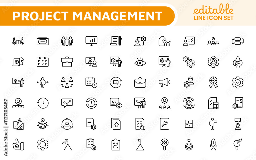 Poster project management web icons in line style. outline icon collection related to schedule, human resou