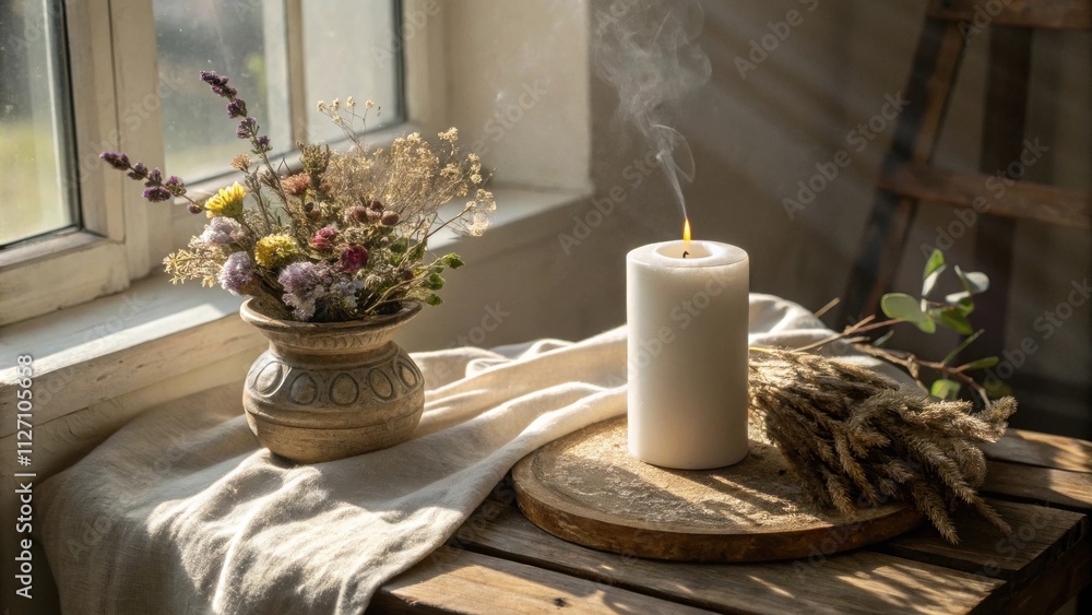 Poster a burning candle casting a warm glow on a wooden table with a vase of dried flowers and a piece of r