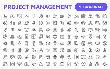 Project Management web icons in line style. Outline icon collection related to Schedule, human resource, management, development, planning, and more.