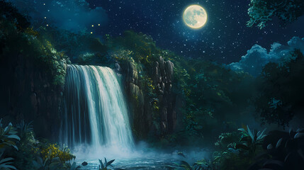 A magical waterfall cascades down a rocky cliff, illuminated by the full moon and surrounded by lush jungle foliage under a starry night sky. Cascade. Illustration