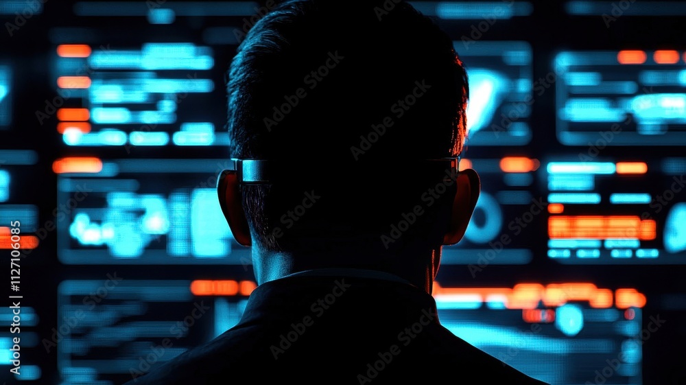 Poster a cybercriminal's shadowed figure with glowing holographic ai interfaces and a neon matrix backdrop,