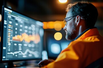 A focused professional analyzing data on a computer screen in a modern office environment, showcasing tech integration.