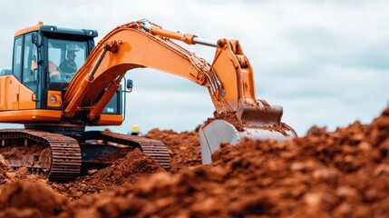 An excavator digs into a pile of dirt, showcasing heavy machinery in action under a cloudy sky.