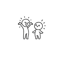 A minimalist line drawing featuring two cartoon characters, one excited and the other surprised, conveying emotions of joy and wonder. Ideal for expressing happiness, communication, and friendly inter