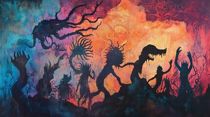 Silhouette figures, vibrant background, surreal, dark, fantastical.