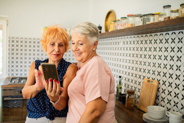 Smiling lesbian senior couple using smartphone in modern kitchen