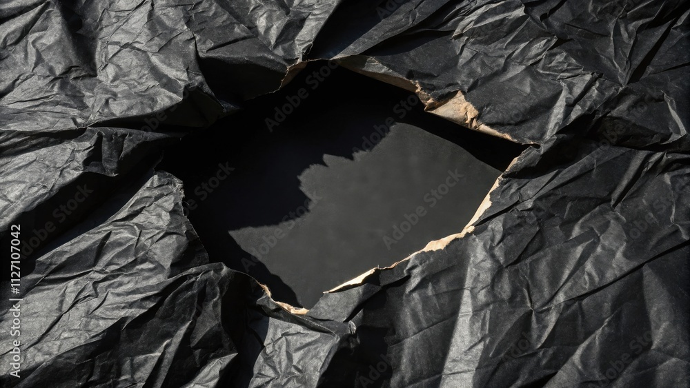 Poster a hole torn in a piece of black crumpled paper reveals a black background, creating a frame for your
