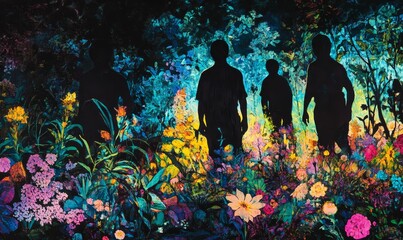 Silhouetted figures stroll vibrant floral garden.