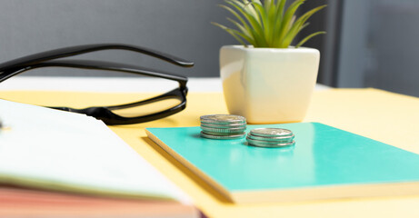 Coins on a table. Business concept. Coins stacked in ascending order.