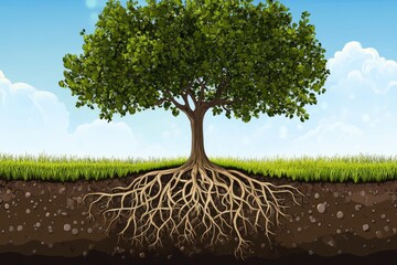 Tree foundations - elaborate subterranean network, maximizing moisture absorption, vegetation structure, underground connections, hydration pathways, root biology, cological interactions.