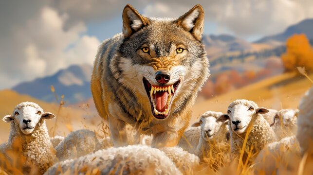The illustration shows a sleek and menacing wolf standing amidst a flock of unsuspecting sheep, its sharp teeth bared and eyes fixed hungrily on its potential prey.