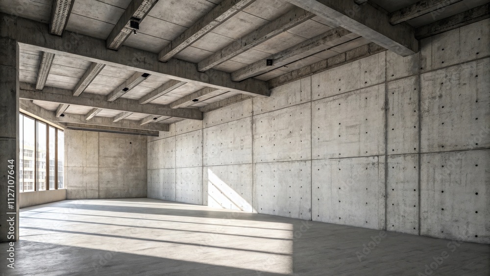 Leinwandbilder A spacious concrete room with a large window and sunlight streaming through, creating a minimalist and industrial aesthetic.