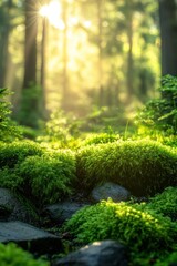 Fototapeta premium Lush green moss covering stones in a sunlit forest, creating a serene natural atmosphere.