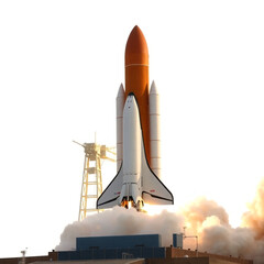 Space shuttle launch with smoke and flames, isolated on white background, high detail PNG transparent.