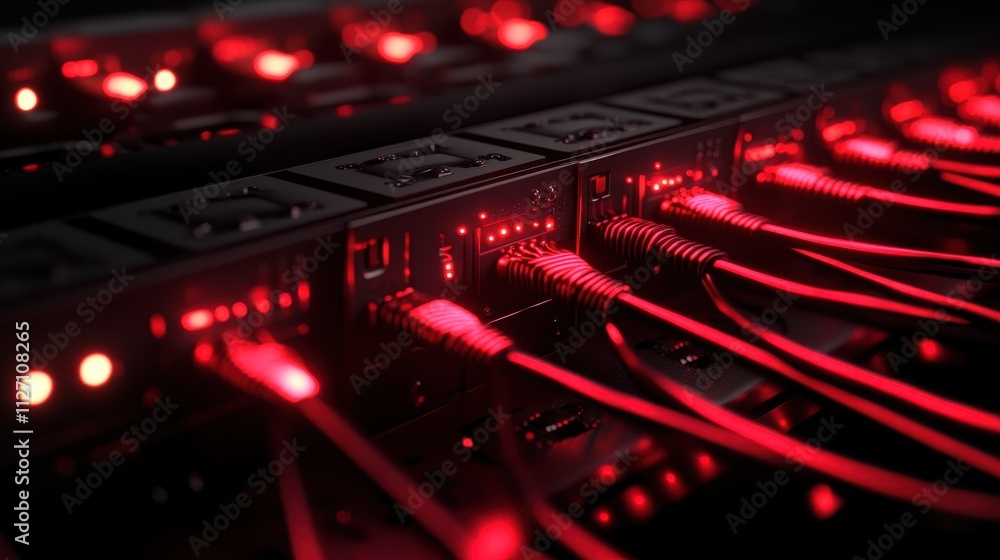 Poster glowing red cables and circuits in a computer server rack