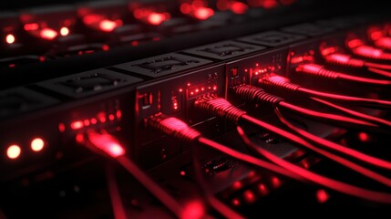 Glowing Red Cables and Circuits in a Computer Server Rack