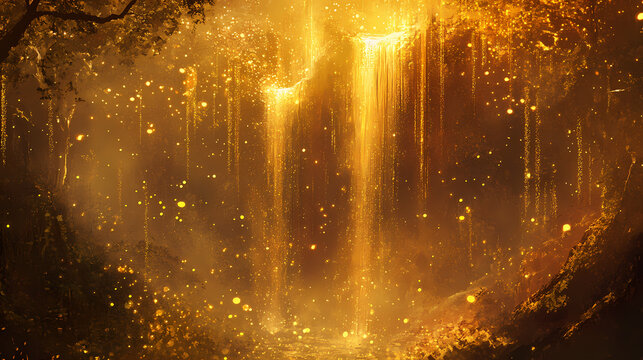 A sparkling cascade of golden dust, illuminated by a symphony of soft, warm lights, creating a radiant and ethereal backdrop. radiant. illustration. Cascade. Illustration