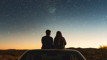 Couple Stargazing on Car Hood Under Starry Desert Sky