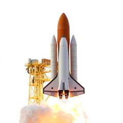 Space shuttle launch with smoke and flames, isolated on white background, high detail PNG transparent.