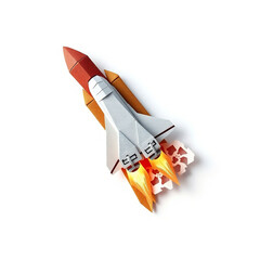 Space shuttle launch with smoke and flames, isolated on white background, high detail PNG transparent.