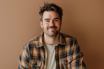 Obraz premium Portrait of a joyful man in his 30s wearing a comfy flannel shirt isolated on soft brown background