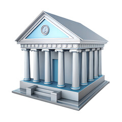 A 3D icon of a bank building with classic pillars, styled in silver and blue tones